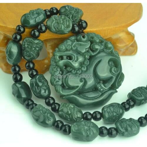 Nature dark green Jade Beast Amulet Pendant jadite 18 arhat Bead Necklace Talisman