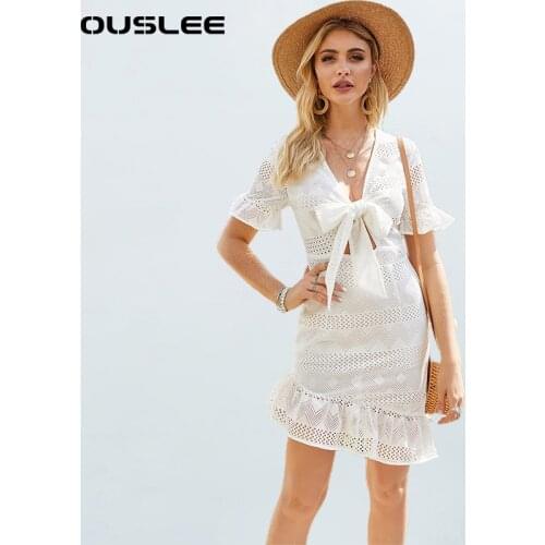 OUSLEE 2021 New Lace Up Womens Dress Beach V-neck Sexy Irregular Dresses Butterfly Sleeves Elegant Bow White Female Mini Dress