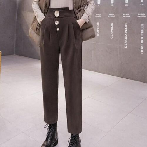 New Autumn Winter Woolen Womens Harem Pants Irregular Button High Waist Office Lady Loose Ankle-Length Pants Pockets Korea