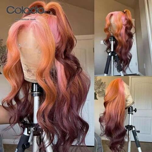 COLODO Lace Front Wigs Pink Brown Ombre Wig Pre Plucked Brazilian Remy Body Wave Lace Front Human Hair Wigs For Women