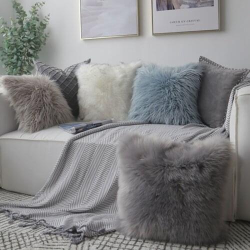 Drop Ship Faux Fur Pillow Cover Square Sequin Pink Grey Blue Cushion Cover Home Decor Sofa Pillow Decorative