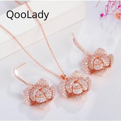 QooLady Hot Selling Trendy Rose Flower Drop Earrings Necklace Set for Ladies Micro Pave CZ Stone New Fashion Party Jewelry Z090