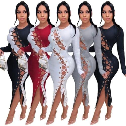 Sexy Women Hollow Out Bandage Long Sleeves Side Slit Patchwork Club Party Dress