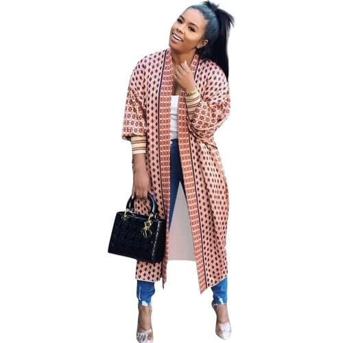 Leopard Geometric Print Trench Coat Women Spring Winter Lantern Sleeve Open Stitch Workwear Casual Long Coat Outerwear Overcoat