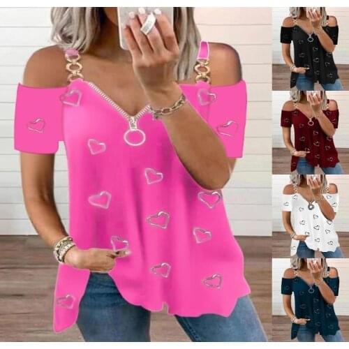 Summer T Shirt Women 2021 v-neck zipper metal ring printed straps love off-the-shoulder Female Tee Tshirts dropshipping YFF6422