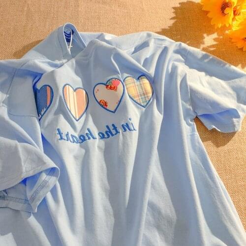 Harajuku Style Heart Embroidery Women T-shirt Short Sleeve O-neck Loose Female T Shirt All Matched Chic Tops Tees