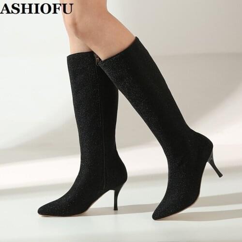 ASHIOFU FV-4-4 New Real Pictures Ladies 8.5cm High Heels Boots Party Prom Club Mid-calf Booties Large Size Fashion Evening Boots