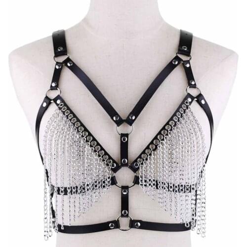 Leather Chain Harness Body Bra Chest Goth Punk Sexy Chain Necklace Top Women Summer Festival Fashion Cage Bondage Jewelry