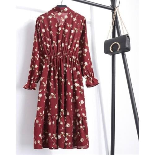 Long Sleeve Bow Midi Summer Dress Women Casual Autumn Dress Lady Korean Style Vintage Floral Printed Chiffon Shirt Dress