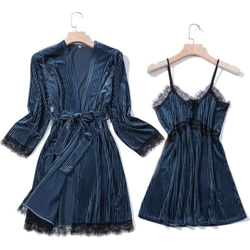 Winter Velour Night Robe Sexy Women 2PC Strap Top Suit Sleepwear Sets Casual Pajamas Home Wear Nightwear Sleep Kimono Bath Gown