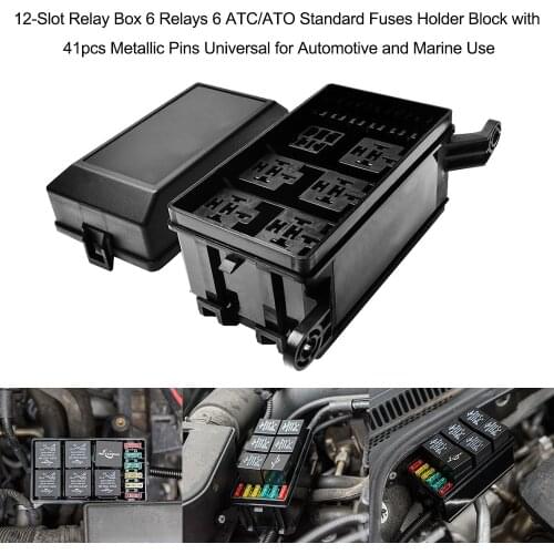 12-Slot Relay Box 6 Relays 6 ATC/ATO Standard Fuses Holder Block with 41pcs Metallic Pins Universal for Automotive Accessories
