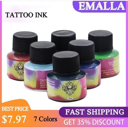 EMALLA 7PCS Colors Eternal Body Painting Tattoo Ink Permanent Makeup Tattoo Pigment Art 5ml/color for Coloring Eyebrow Lip Body