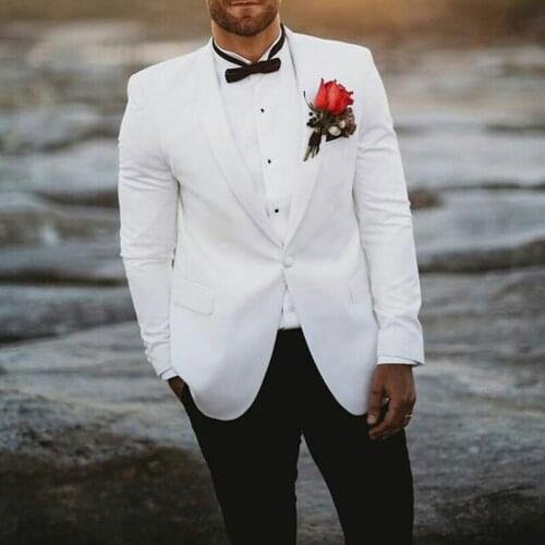 White Groom Tuxedos for Wedding Shawl Lapel Slim Fit Formal Men Suits with Black Pants 2 Piece Male Fashion Jacket Set 2021