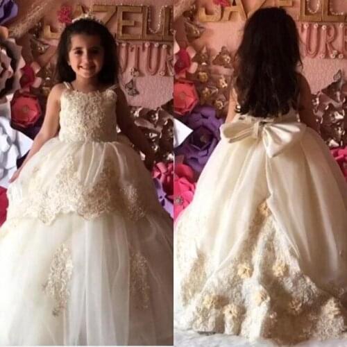 Champagne Puffy Tulle Lace Applique Flower Girl Dress Ball Gown Kids Clothes Pageant Gowns Children Wedding and Party Dress