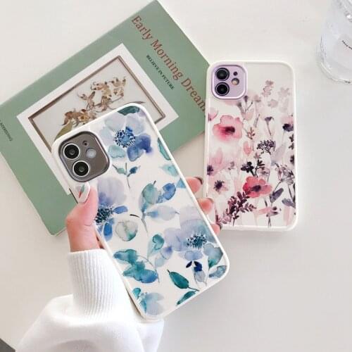 INS Watercolor Flowers Square Phone Case For iPhone 12 Pro 11 Pro Max XR XS Max 8 7 Plus SE 2020 X Soft Camera Protection Cover