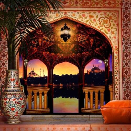 Floor arabian balcony palace night column light palm tree backdrops Computer print wedding background