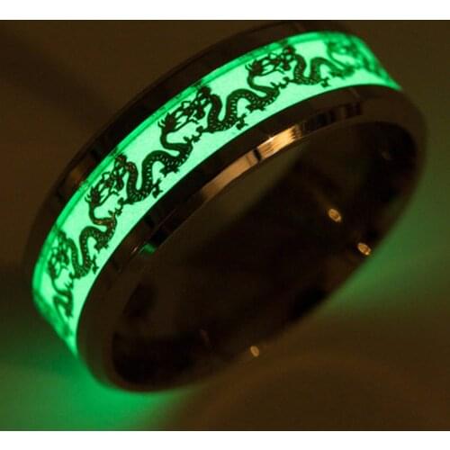Mens 8mm Chinese Dragon Pattern Luminous Effect Rings For Men Gold Stainless Steel Women Rings Glow In The Dark Ring Jewelry