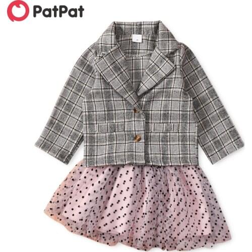 PatPat 2pcs Plaid Coat and Mesh Dots Skirt Baby Set