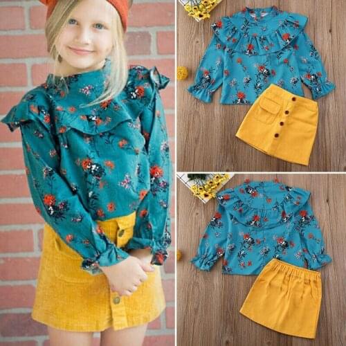 2PCS Toddler Baby Kid Girl Floral Ruffle Tops Shirt Mini Skirt Outfits Set Fashion Children Girl Clothes