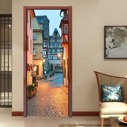 Creative 3D Town Street Scenery Door Sticker DIY Home Decor Decals Self-adhesive Wallpaper Door Waterproof Mural Door Renovation