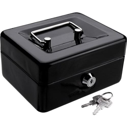Mini Black Metal Stainless Steel Piggy Bank Safety Deposit Box For Money Coin Cash Tray With Secret Key Cash Drawer Carry Box