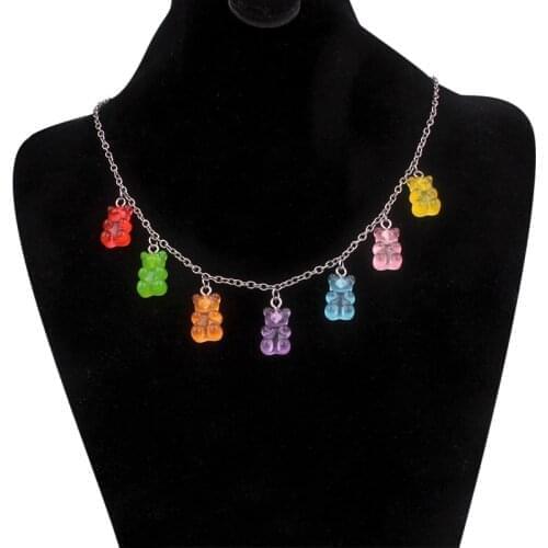 Fashion Multicolor Transparent Bear Necklace Cute Candy Color Resin Gummy Bear Pendant Necklace Women Jewelry Birthday Gift
