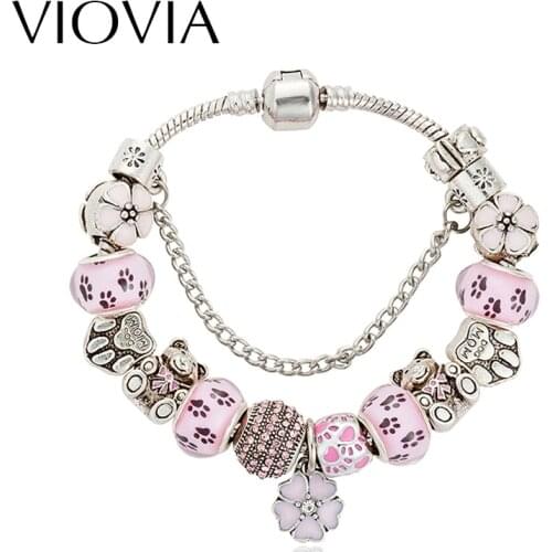 VIOVIA Fashion Jewelry Bear Charm Bracelets For Women Crystal Beads Catena Fit Original Bracelet Pulseira Feminina Gifts B16017