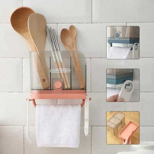 Wall Mounted Home Storage Shelf Free Perforated Chopsticks Tube Shovel Spoons Bucket Dinner Knives Forks Tableware Storage Box