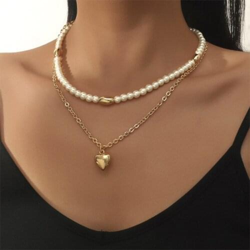 ORNAPEADIA 2021 New Fashion Necklace for Women Female Double Chain Pearl Double Love Pendant Clavicle Sweater Chain Wholesale