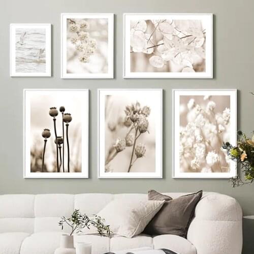 Nordic Poster Autumn Wild Poppy Dandelion Flowers Beach Sea Wall Art Print Canvas Painting Wall Pictures For Living Room Decor