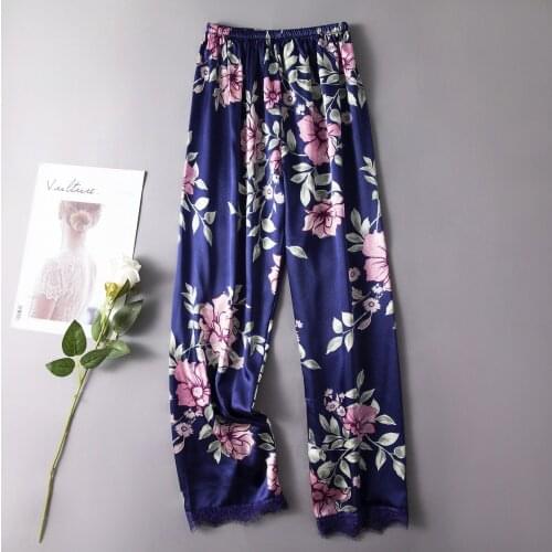 Print Sleep Bottoms Satin Home Wear Pijamas Sleepwear Women Elastic Waist Pajamas Long Pants Lingerie Nightwear Lounge Trousers