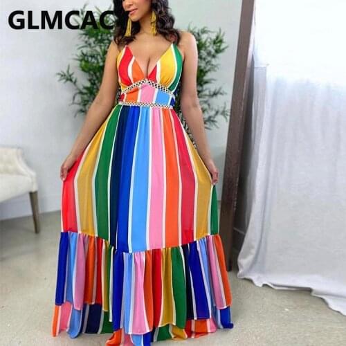 Rainbow Color Striped Printed Maxi Dress Spaghetti Strap V Neck Dresses