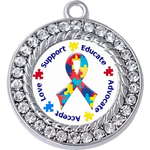 Various shapes of crystal inlay charm autism ribbon puzzle pendant accept love support educate advocate autistic patient jewelry