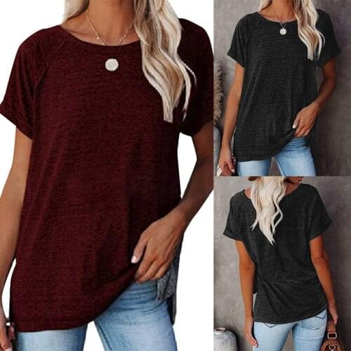 Hot kf-Womens Round Neck Stitching Solid Color Loose Short-Sleeved T-Shirt