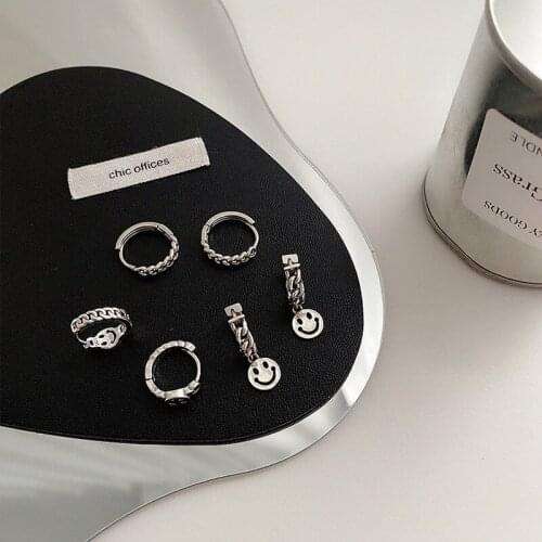 Origin Summer 3 Styles Vintage Metallic Chain Smile Earrings for Women Silver Color Metal Link Chain Face Hoop Earrings Brincos