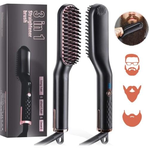 PTC Heating Hair Straightener Brush Comb Men Beard Smooth Shape Anti Static Fluffy Straight Beard Comb Electric Hair Brush