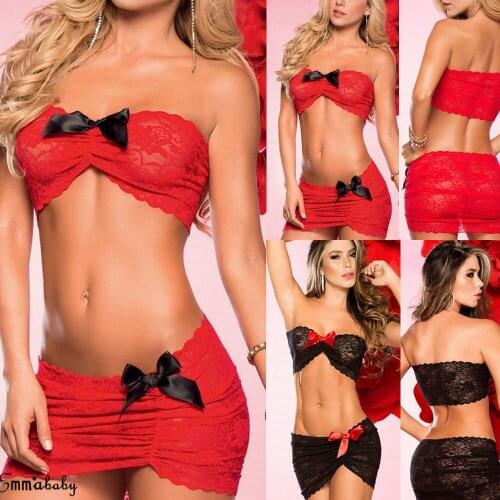 2Pcs Sexy Lingerie2019 Newest Hot Women Lace Bowknot Red&Black Stretch Mini Dress Lingerie Sexy Erotic Nightwear Babydoll
