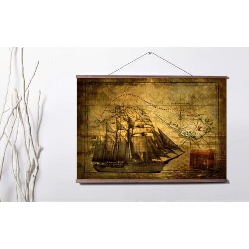Vintage Pirate Ship with Treasure Map Art Canvas poster decoration painting with solid wood hanging scroll