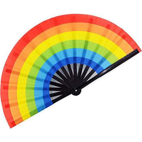 H35cm Width 66cm 13PCS Bamboo Ribs Large Sizes Dancing Rainbow Silk Kungfu Hand Fans Party Decoration Favor Promotion Gifts
