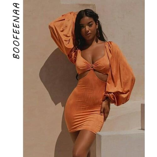 BOOFEENAA Elegant Sexy Short Party Evening Dresses for Women Hollow Out Lantern Long Sleeve Bodycon Dress Fall 2021 C15-CF27