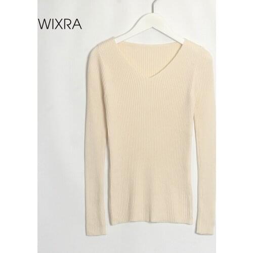 Wixra Sweater Full Sleeve Jumpers Womens Spring Autumn V Neck High Stretch Clothes Basic Pullovers and Jumpers Tops