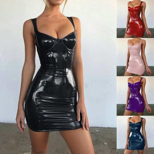Women‘s Sexy Sissy Dress Latex Shiny Faux Leather Bodycon Clubwear Sleeveless Strap Pu Dresses Summer Ladies Dress S-XL