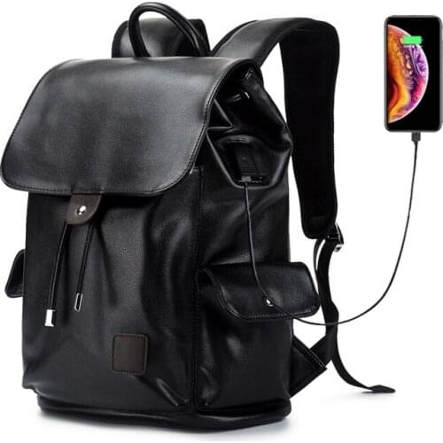 Brand Men Backpack 15.6 inch Laptop Backpack Pu Leather School Backpack Bag Waterproof Travel Bag Fashion USB Charging