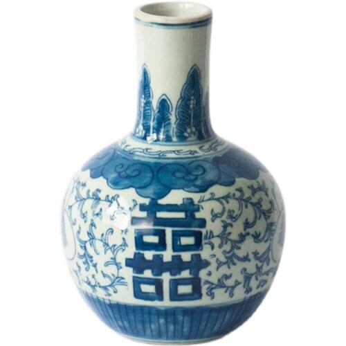 Jingdezhen Ceramic Vase With "happiness" Characters Pure Handmade Hand-painted Blue And White Antique Handicraft Vase Ornament