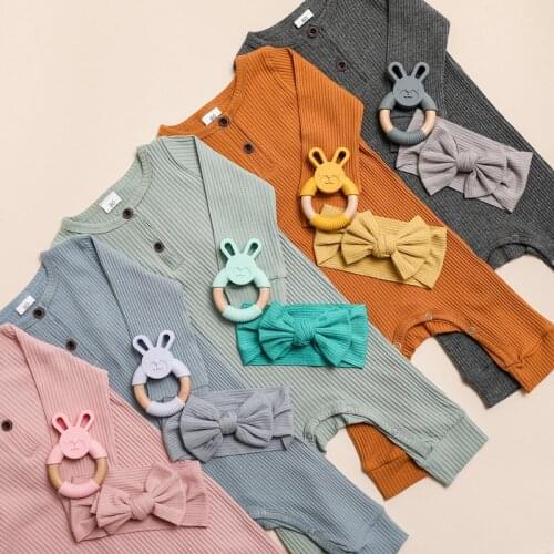 Baby photography props Summer Unisex Newborn Baby Clothes Solid Color Baby Rompers Cotton Long Sleeve Bandana Teether Set