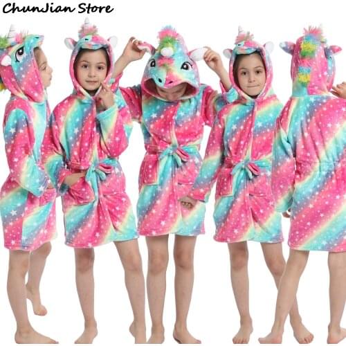 Unicorn Hooded Children Bathrobes Baby Rainbow Bath Robe Animal For Boys Girls Pyjamas Nightgown Kids Sleepwear 3-11Y