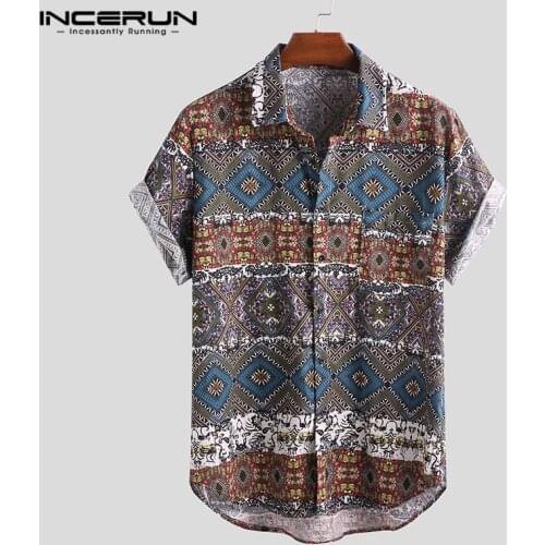 INCERUN Men Hawaiian Shirt Short Sleeve Ethnic Printed Casual Loose Blouse Vintage Beach Shirt Men Camisa Masculina Plus Size