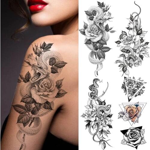 Creative Lotus Snake Temporary Tattoos Sticker For Women 3D Body Art Painting Legs Arm Tatoo Decal Fake Waterproof Black Tattoos