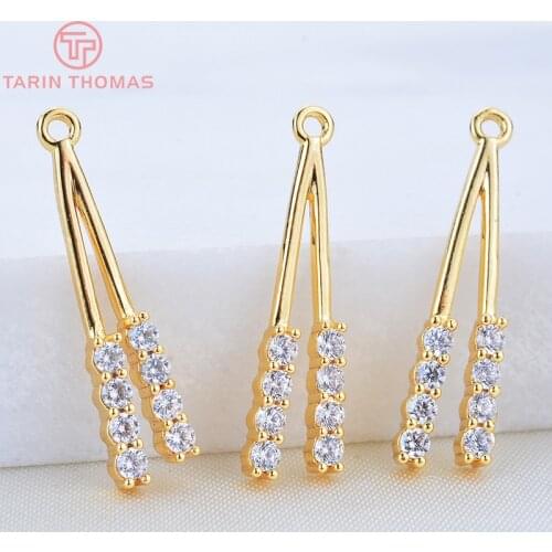 4PCS 4.5x18.5MM 24K Gold Color Plated Brass with Zircon Earrings Charms Pendants High Quality DIY Jewelry Making Findings