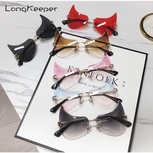 LongKeeper Rimless Cat Eye Sunglasses Women 2021 Luxury Brand Vintage Punk Sun Glasses Ladies Unique Eyewear zonnebril dames